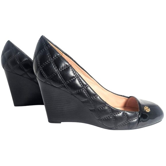 Tory Burch Womens Quilted Leather Wedges Black 7.5M | Quiet Luxury Old Money Min - Picture 2 of 11